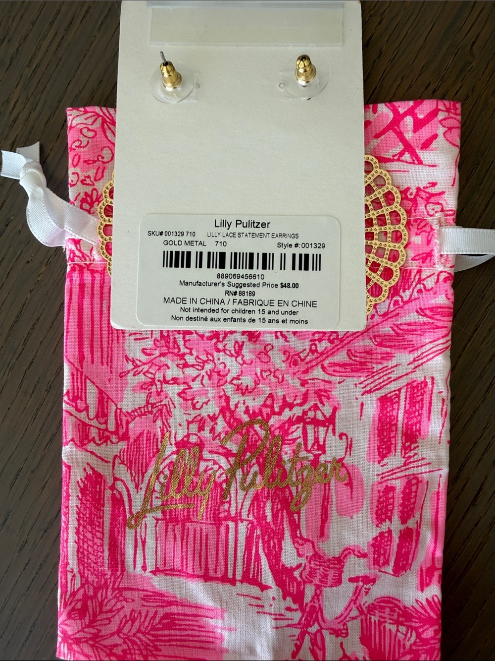 Lilly Pulitzer Gold Filigree Circle Drop Earrings with Pink Pouch - Picture 2 of 3